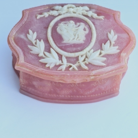 Pink Vintage Genuine Incolay Stone 3 Dancing Muses Hinged Jewelry Trinket Box - Picture 9 of 11